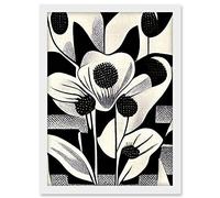 Wee Blue Coo Monochrome Black White Abstract Retro Flower Pattern Artwork Framed A3 Wall Art Print