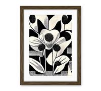 Wee Blue Coo Monochrome Black White Abstract Retro Flower Pattern Artwork Framed Wall Art Print 18X24 Inch