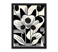 Wee Blue Coo Monochrome Black White Abstract Retro Flower Pattern Artwork Framed Wall Art Print 18X24 Inch