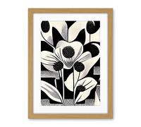 Wee Blue Coo Monochrome Black White Abstract Retro Flower Pattern Artwork Framed Wall Art Print 18X24 Inch