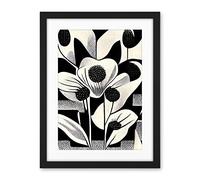 Wee Blue Coo Monochrome Black White Abstract Retro Flower Pattern Artwork Framed Wall Art Print 18X24 Inch