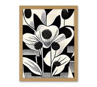 Wee Blue Coo Monochrome Black White Abstract Retro Flower Pattern Artwork Framed Wall Art Print 18X24 Inch