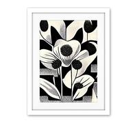 Wee Blue Coo Monochrome Black White Abstract Retro Flower Pattern Artwork Framed Wall Art Print 18X24 Inch
