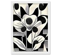 Wee Blue Coo Monochrome Black White Abstract Retro Flower Pattern Artwork Framed Wall Art Print A4