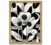Wee Blue Coo Monochrome Black White Abstract Retro Flower Pattern Artwork Framed Wall Art Print A4