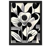 Wee Blue Coo Monochrome Black White Abstract Retro Flower Pattern Artwork Framed Wall Art Print A4