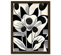 Wee Blue Coo Monochrome Black White Abstract Retro Flower Pattern Artwork Framed Wall Art Print A4