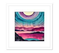 Wee Blue Coo Moonrise After Sunset Landscape In Pink Teal Blue And Purple Watercolour Illustration Square Wooden Framed Wall Art Print Picture 9X9 Inch