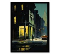 Wall Art Print New York at Dawn Edward Hopper Style Oil Painting Yellow Green Blue Man Walking in Empty City Street Artwork Framed Artery8 Green W12 inch x H16 inch