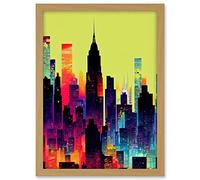 Wee Blue Coo New York Vibrant Multi Coloured Graphic Design Skyscraper Cityscape Silhouette Artwork Framed A3 Wall Art Print