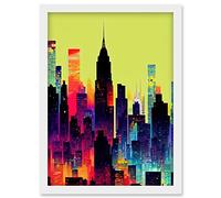 Wee Blue Coo New York Vibrant Multi Coloured Graphic Design Skyscraper Cityscape Silhouette Artwork Framed Wall Art Print A4