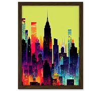 Wee Blue Coo New York Vibrant Multi Coloured Graphic Design Skyscraper Cityscape Silhouette Artwork Framed A3 Wall Art Print