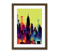 Wee Blue Coo New York Vibrant Multi Coloured Graphic Design Skyscraper Cityscape Silhouette Artwork Framed Wall Art Print 18X24 Inch