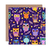 Wee Blue Coo Owl Bird Funky Purple Blue Stars Birthday Art Sealed Greeting Card Plus Envelope Blank inside