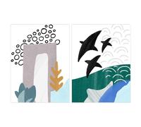 Wee Blue Coo Pack of 2 Abstract Underwater Aquatic Landscape Flying Fish Pastel Colour Naive Unframed Wall Art Living Room Prints Set Wee Blue Coo Multicolor