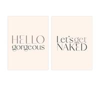 Wee Blue Coo Pack of 2 Bedroom Art Hello Gorgeous Let's Get Naked Stylish Modern Typography Unframed Wall Art Living Room Prints Set in Light Beige Wee Blue Coo Light Beige