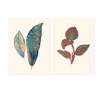 Wee Blue Coo Pack of 2 Vintage Botanical Fauna Coral Pink and Teal Blue Detailed Plant Leaves Unframed Wall Art Living Room Prints Set