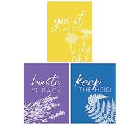 Wee Blue Coo Pack of 3 A4 Floral Scottish Sayings Yellow Purple Blue Colourful Botanical Typography Unframed Wall Art Living Room Prints Set