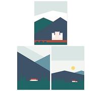 Wee Blue Coo Pack of 3 A4 Geometric Bold Colour Scottish Mountain Countryside House and Castle Landscape Unframed Wall Art Living Room Prints Set