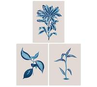 Wee Blue Coo Pack of 3 A4 Modern Audubon Style Blue on Beige Detailed Leafy Plant Botanical Unframed Wall Art Living Room Prints Set