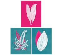 Wee Blue Coo Pack of 3 A4 Modern Forest Leaf Fuchsia Pink and Teal Contrast Xray Foliage Imprint Botanical Unframed Wall Art Living Room Prints Set