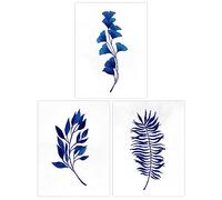 Wee Blue Coo Pack of 3 A4 Simple Elegant Flower Plant Leaf Foliage Cobalt Blue Watercolour Unframed Wall Art Living Room Prints Set