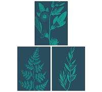 Wee Blue Coo Pack of 3 A4 Teal Turquoise Leaves Plant Frond and Tree Blooms Botanical Unframed Wall Art Living Room Prints Set
