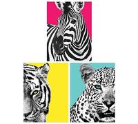 Pack of 3 Bright Wild Animal Bright Pink and Yellow Zebra Lion Leopard Colour Block Poster Unframed Wall Art Living Room Prints Set Wee Blue Coo Multi One Size