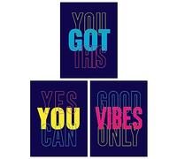 Wee Blue Coo Pack of 3 Good Vibes You Got This Yes You Can Colourful Neon Typography Motivational Unframed Wall Art Living Room Prints Set