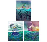 Wee Blue Coo Pack of 3 Kids Bedroom Sailor Sea Pirate Treasure Fun Adventure Colourful Nautical Unframed Wall Art Living Room Prints Set