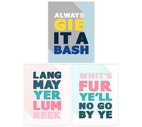 Wee Blue Coo Pack of 3 Scottish Sayings Good Wish Motivational Inspirational Expression Pastels Unframed Wall Art Living Room Prints Set