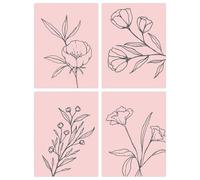 Wee Blue Coo Pack of 4 Minimalist Wildflower Outline Black on Pastel Pink Simple Floral Unframed Wall Art Living Room Prints Set in Light Pink Wee Blue Coo Light Pink