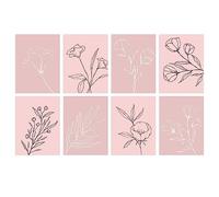 Wee Blue Coo Pack of 8 A4 Pastel Pink Line Art Wildflower Outline Modern Floral Unframed Wall Art Living Room Prints Set