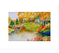 Wee Blue Coo Paint River Cottage Scene Autumn Leaves Trees Pretty Wall Art Print