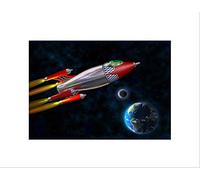 Wee Blue Coo PAINTING CARTOON SPACE ROCKET PLANET MOON BLACK FRAMED ART PRINT B12X13502