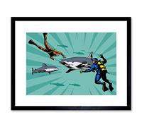Wee Blue Coo Painting Diver Shark Great White Scary Teeth Fin Framed Wall Art Print