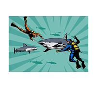 Wee Blue Coo Painting Diver Shark Great White Scary Teeth Fin Wall Art Print