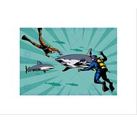 Wee Blue Coo Painting Diver Shark Great White Scary Teeth Fin Wall Art Print