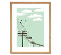 Wee Blue Coo Painting Illustration Flock Birds Telegraph Poles Wire Framed Wall Art Print