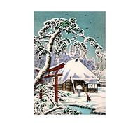 Wee Blue Coo Painting Japan Winter Scene Torii Temple Gate Snow Tree Wall Art Print