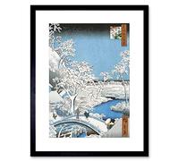 Artery8 Framed Wall Art Print Wee Blue Coo Japanese Woodblock Winter Bridge Over River Blue 12x16"