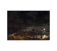 Wee Blue Coo Painting Landscape Vollmer Full Moon Over Village Wall Art Print