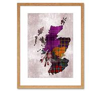 Wee Blue Coo Painting Map Outline Scotland Tartan Inset Regions Framed Wall Art Print