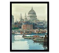 Wee Blue Coo Painting Thames Boats London St Pauls Bridges River Art Print Framed Poster Wall Decor 12X16 Inch