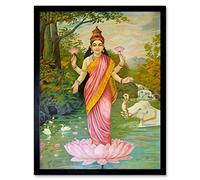 Wall Art Print Hindu Deity Goddess Lakshmi Raja Ravi Varma Lotus Elephants Oleograph Painting Art Framed Artery8 Black W12 inch x H16 inch