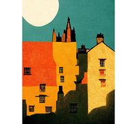 Wee Blue Coo Paper Cut Dean Village Edinburgh in Vibrant Reds and Yellows Premium Wall Art Canvas Print 18X24 Inch