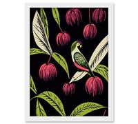 Wee Blue Coo Parrot in Tree Fruit Bright Green and Pink Black Colour Linocut Illustration Modern Vintage Artwork Framed Wall Art Print A4
