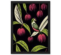 Parrot in Tree Fruit Bright Green and Pink Black Colour Linocut Illustration Modern Vintage Artwork Framed Wall Art Print A4 Artery8 Black One Size