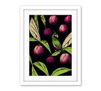 Wee Blue Coo Parrot In Tree Fruit Bright Green And Purple Black Colour Linocut Illustration Modern Vintage Artwork Framed Wall Art Print 18X24 Inch