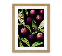 Wee Blue Coo Parrot In Tree Fruit Bright Green And Purple Black Colour Linocut Illustration Modern Vintage Artwork Framed Wall Art Print 18X24 Inch